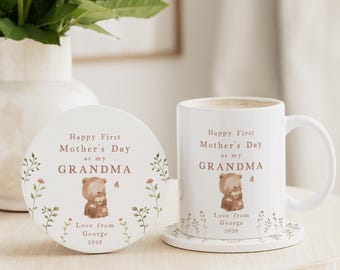 First Mothers Day Grandma Mug & Coaster Gift | Personalised Mother's Day Ceramic Gift Set for New Grandma | Granny | Gran | Meemaw