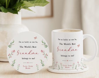 Mothers Day Worlds Best Grandma Mug & Coaster Gift | Personalised Mother's Day Ceramic Gift Set for Best Grandma | Granny | Gran | Meemaw