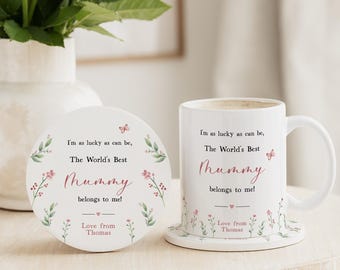 Mothers Day Worlds Best Mummy Mug & Coaster Gift | Personalised Mother's Day Ceramic Gift Set for Worlds Best Mum | Mummy | Mama | Mam | Mom