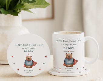 First Fathers Day Daddy Gift | Personalised Super First Father's Day Ceramic Mug & Coaster Gift Set for New Dad | Daddy | Pops | Pappy