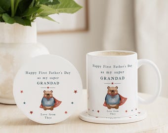 First Fathers Day Grandad Gift | Personalised Super First Father's Day Ceramic Mug & Coaster Gift Set for New Grandad | Grandpa | Gramps