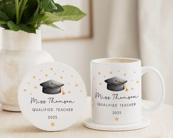 New Qualified Teacher Mug & Coaster Set | Student NQT QTS Teacher Placement | Graduation Teacher Gift | Qualified Teacher Classroom Gift