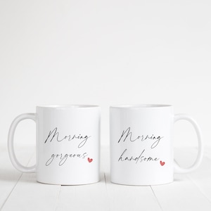 Personalised Pair of Mugs & Coasters | Morning Gorgeous Handsome | Couple | Boyfriend Girlfriend Husband Wife Gift Set | Coffee Tea Lover