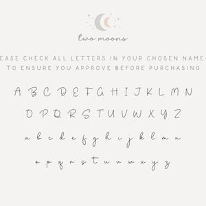 May include: A beige background displays a handwritten alphabet in uppercase and lowercase. The text "two moons" is at the top, with a message to check letters before purchasing. The letters are in a delicate, cursive style.