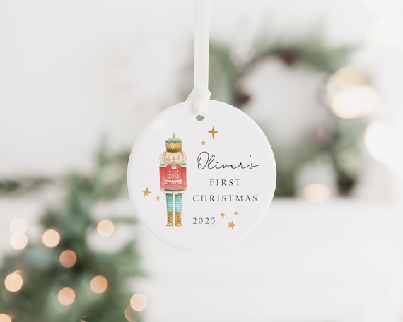 Personalised Baby's First Christmas Decoration | Keepsake Christmas Bauble Gift Ceramic Ornament | Baby's 1st Christmas Nutcracker Bauble