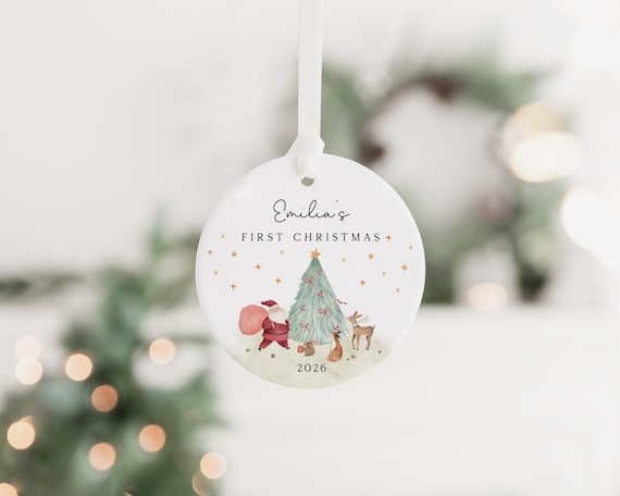 Baby's First Christmas Decoration | Keepsake Christmas Bauble Gift Ceramic Ornament | Personalised Baby's 1st Christmas Scene Decoration