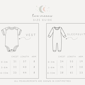 May include: A size guide for baby clothing, featuring illustrations of a vest and a sleepsuit. Measurements in centimeters are provided for chest, length, and arm, for sizes 0-3 months, 3-6 months, and 6-12 months. The text "two moons" is at the top.