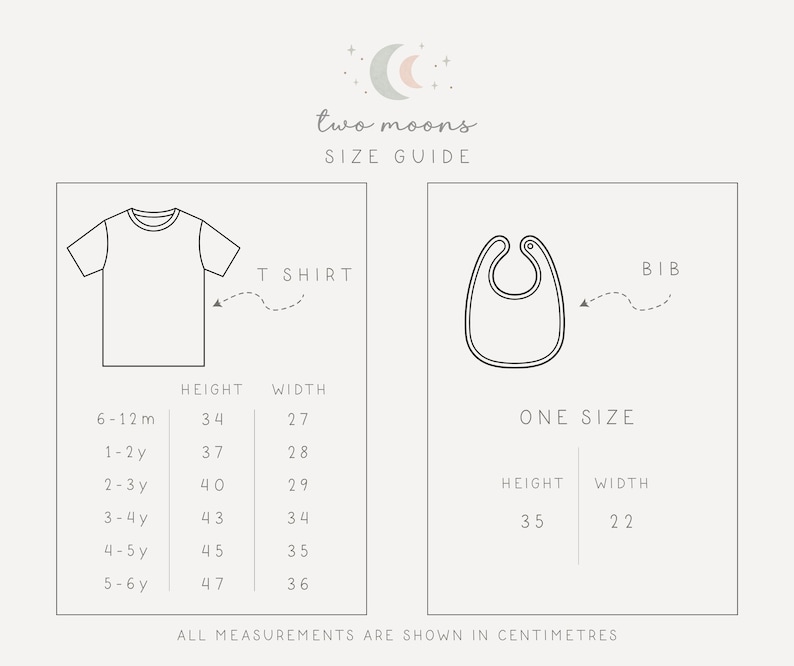 May include: A size guide for children's clothing, featuring a t-shirt and bib. The guide shows height and width measurements in centimeters for t-shirts sized 6-12 months to 5-6 years. The bib is one size, with measurements of 35 cm height and 22 cm width.