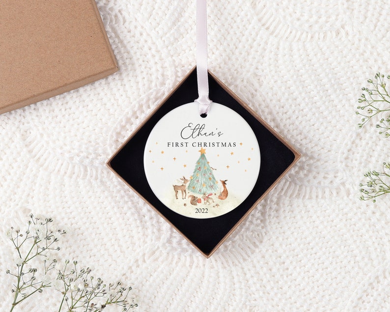 Personalised Baby's First Christmas Decoration | Keepsake Christmas Bauble Gift Ceramic Ornament | Baby's 1st Christmas Scene Decoration 