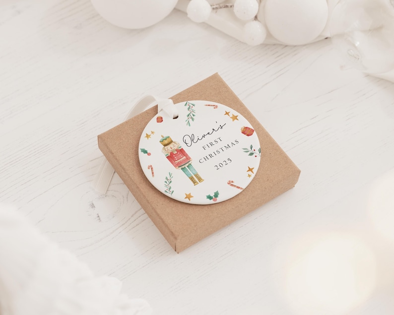 Personalised Baby's First Christmas Decoration | Keepsake Christmas Bauble Gift Ceramic Ornament | Baby's 1st Christmas Nutcracker Bauble image 2