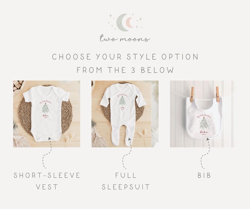 May include: White baby clothing set with a Christmas tree design. The set includes a short-sleeve vest, a full sleepsuit, and a bib. The text "My First Christmas" is printed on each item, along with a name.