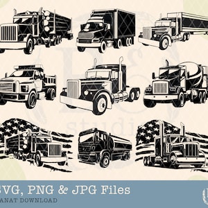 May include: Nine black and white silhouette illustrations of semi-trucks with different trailers. The trailers include a flatbed, a tanker, a dump bed, a cement mixer, and a log carrier. Some of the trucks are shown with an American flag in the background.