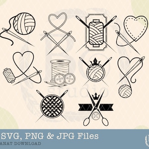 Puede incluir: Un conjunto de 10 archivos SVG, PNG y JPG en blanco y negro con ilustraciones de temática de costura. Las ilustraciones incluyen corazones, carretes de hilo, agujas y tijeras.