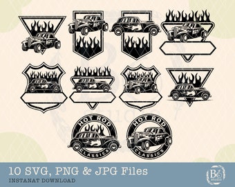 May include: Ten black and white SVG, PNG, and JPG files featuring vintage hot rod car designs. The designs include a hot rod car with flames, a hot rod car in a shield, and a hot rod car in a circle with the text "Hot Rod Classics".