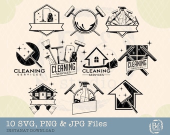 May include: A set of black and white cleaning service logos. The designs include a vacuum cleaner, spray bottles, window squeegees, and a house. Text includes "CLEANING SERVICES" and "10 SVG, PNG & JPG Files".
