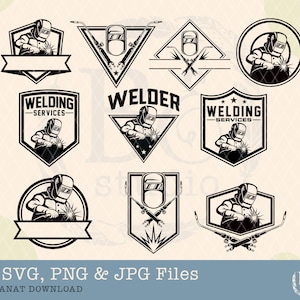 Peut inclure: Un ensemble de 10 fichiers SVG, PNG et JPG en noir et blanc représentant différents logos de soudage. Les logos comprennent un soudeur avec un masque de soudage, des outils de soudage et du texte qui dit "Services de soudage" et "Soudeur".
