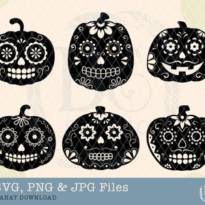 Crâne de sucre de citrouille Svg, Jour des morts, Crâne de Dia De Los Muertos, Crâne de sucre svg, Citrouille svg, Bundle svg. Fichier de découpe Cricut, png svg
