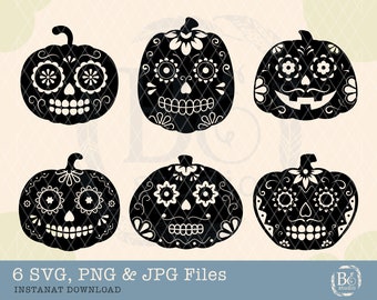 Pumpkin Sugar Skull Svg, Day Of The Dead, Dia De Los Muertos Skull, Sugar skull svg, Pumpkin svg, Bundle svg. Cricut Cutting File, png svg