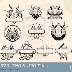 Könnte beinhalten: Ein Set mit 10 Schwarzweiß-SVG-, PNG- und JPG-Dateien im Western-Stil. Die Designs zeigen einen Schädel, gekreuzte Pistolen, ein Hufeisen und einen Cowboyhut. Die Dateien sind perfekt, um eigene Designs für T-Shirts, Tassen und andere Bastelarbeiten zu erstellen.