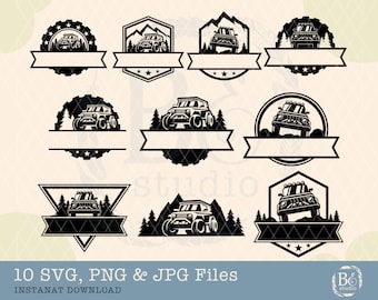 May include: Ten black and white SVG, PNG, and JPG files featuring a variety of designs with a jeep or SUV in the center of each design. The designs include a circular frame, a triangular frame, a shield-shaped frame, and a mountain-shaped frame. Each design has a blank banner at the bottom for adding text.