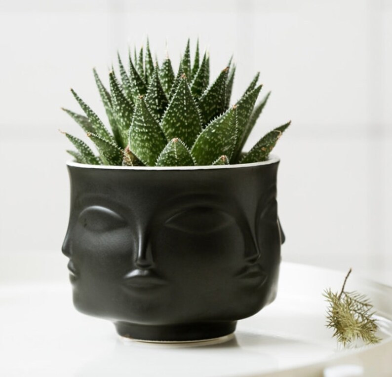Black Ceramic Flower Vase Flower Pot Face Planter Gift Art Etsy