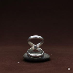 May include: A polished silver ring with an infinity symbol design, resting on a dark gray stone. The ring's smooth, reflective surface contrasts with the stone's texture. The background is a solid, dark brown.