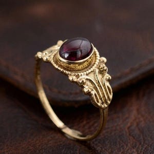 Handmade Peridot Ring, Gold tone Emerald Cut Gemstone, Red Cabochon Brass Ring, Gold Tone Vintage Inspired Scroll Band,Handmade Boho Jewelry