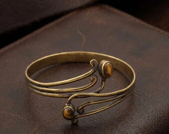 Bracelet jonc oeil de tigre en laiton, bracelet manchette en spirale réglable, bijoux bohèmes en pierres précieuses, jonc tribal en laiton fait main, cadeau unique pour elle