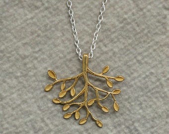 Gold Tree Branch Pendant Necklace, Dainty Gold Branch Necklace Layering Chain Jewelry, Detailed Leaf Charm Pendant, Woodland Wedding Gift