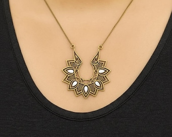 Boho Mandala Statement Pendant Necklace, Silver Lotus Sunburst Necklace, Bohemian Crescent Moon Pendant, Geometric Mandala Jewelry