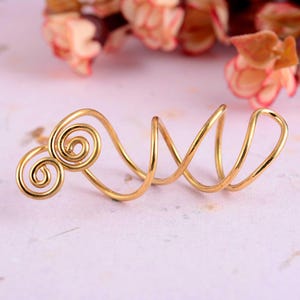 Handmade Double Spiral Wave Ring, Adjustable Gold Wire Wrap Ring, Boho Artistic Statement Jewelry