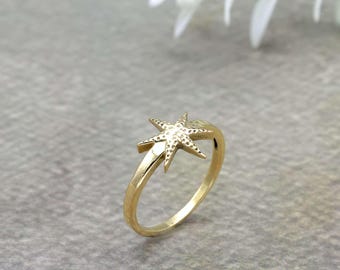 Brass Starburst Ring, Dainty Six-Point Star Celestial Jewelry, Textured Gold-Tone Stacking Band, Gift for Her, Gold Starburst Jewelry