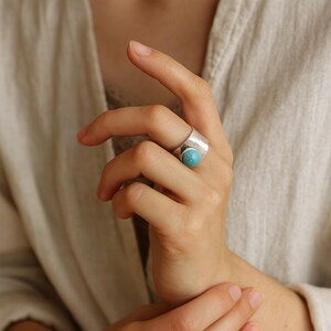 Hammered Sterling Silver Ring with Turquoise | Wide Band Adjustable Boho Ring