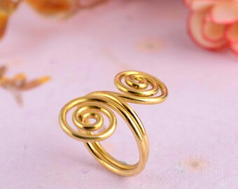 Double Spiral Adjustable Ring, Handmade Gold Wire Wrap Ring, Boho Minimalist Statement Jewelry