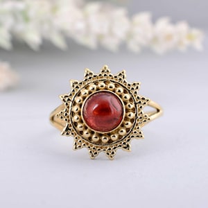 Handmade Onyx Gemstone Ring: Engraved Flower Brass Statement Ring