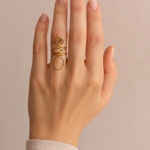 Handmade Spiral Coil Adjustable Ring, Boho Gold Wire Wrap Ring, Artistic Open Statement Ring