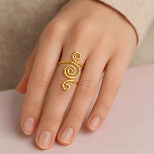 Handmade Gold Double Spiral Ring, Adjustable Wire Wrap Ring, Boho Artistic Statement Jewelry