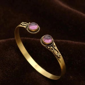 Adjustable Brass Cuff, Amethyst Stone Bangle, Minimalist Gold Cuff Bracelet, Stacking Bangle, Handmade Brass Gift, Simple Ethnic Jewelry