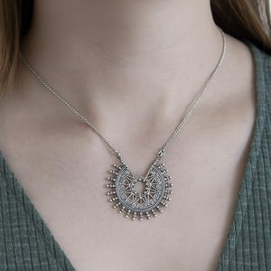 Boho Tribal Silver Pendant Necklace, Oxidized Filigree Jewelry, Statement Ethnic Necklace for Women