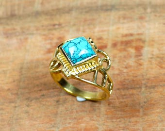 Handmade Turquoise Ring,Brass Gemstone Ring, Vintage Style Turquoise Ring | Gold Plated Brass Statement Ring | Boho Hippie ring Gift for Her