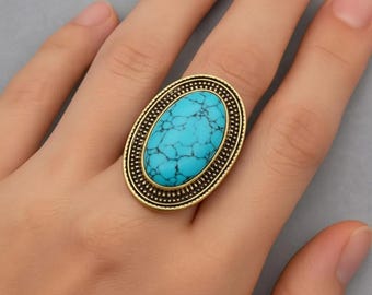 Large Turquoise Oval Ring, Oval Turquoise Gemstone Ring, Vintage Style Oxidized Brass Boho Ring,Detailed Artisan Statement Jewelry,Boho Ring