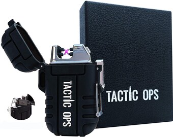 Tactic Ops Windproof, Waterproof & Rechargeable Lighter - Tactical Outdoor Flameless Camping Hiking EDC (Black)