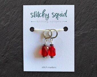 Set of 2 Stitch Markers / Progress Keepers With Leverback Clasp | "Ruby Reds" | Lightweight Markers Handmade For Knitting & Crochet