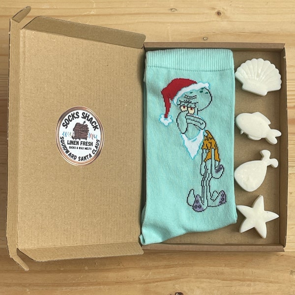 Squidward Santa Claus Mens Christmas Socks & Handmade Soy Wax Melts Boxed Gift Set Fragrance Of Choice Free P+P UK Eco Packaging