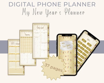 May include: A digital phone planner for the new year with 37 pages. The planner features a gold and brown color scheme with a festive design. The planner is compatible with Goodnotes, Notability, and Xodo.