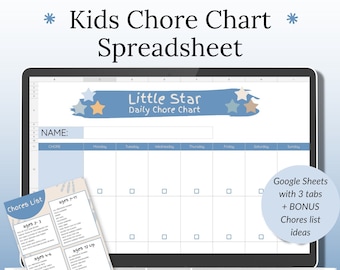 Kids Chore Chart Spreadsheet, Digital Chore Chart, Google Sheets Template, Weekly Chore Chart, Chore Checklist for Kids, Chore Organizer