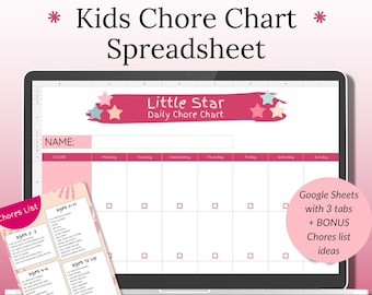 Kids Chore Chart Spreadsheet, Digital Chore Chart, Google Sheets Template, Weekly Chore Chart, Chore Checklist for Kids, Chore Organizer