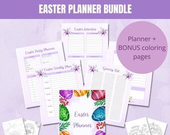 Pode incluir: Um pacote de planejador de Páscoa com 18 páginas imprimíveis e 10 páginas para colorir. O planejador apresenta uma capa com ovos de Páscoa coloridos e designs florais. O pacote inclui páginas para planejamento de festas, planejamento semanal, listas de compras e atividades de Páscoa.