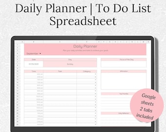 Spreadsheet Planner, Daily Task Tracker, Daily Hourly Planner, Google Sheets Planner, To Do List Template, Task List, Hourly Schedule