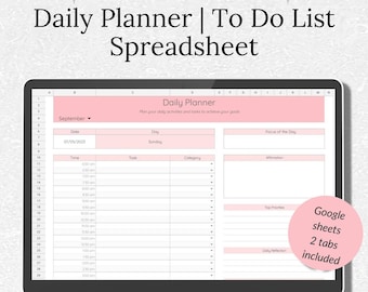 Planificateur de tableur, suivi des tâches quotidiennes, planificateur horaire quotidien, planificateur Google Sheets, modèle de liste de tâches, liste des tâches, horaire horaire